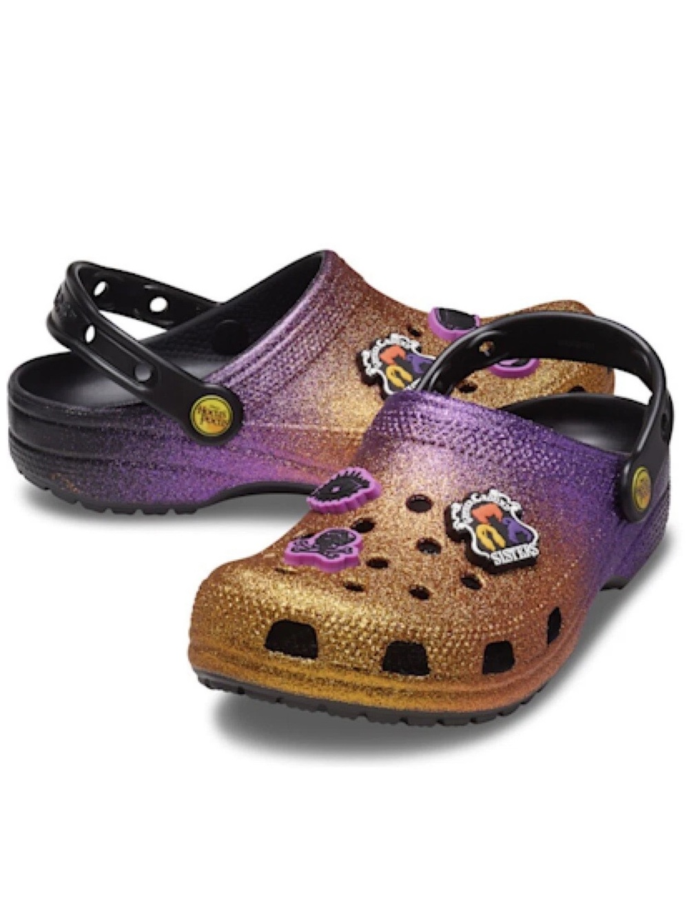 CROCS Glitter Gradient Clogs in Purple & Gold with Black Strap